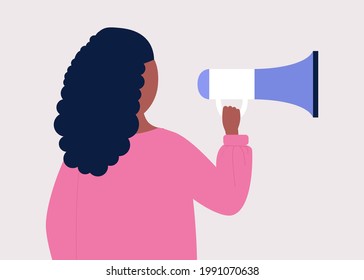 Young woman speaks into a megaphone. Statement, utterance, news concept. Colored vector illustration in flat cartoon style