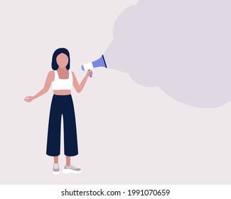 Young woman speaks into a megaphone. Statement, utterance, news concept. Colorful flat vector illustration