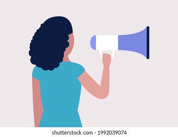 Young woman speaks into a megaphone. Statement, utterance, news concept. Colored vector illustration in flat cartoon style