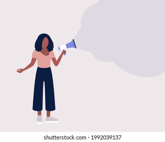 Young woman speaks into a megaphone. Statement, utterance, news concept. Colorful flat vector illustration