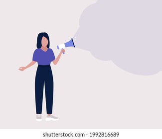 Young woman speaks into a megaphone. Statement, utterance, news concept. Colorful flat vector illustration