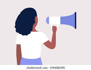 Young woman speaks into a megaphone. Statement, utterance, news concept. Colored vector illustration in flat cartoon style