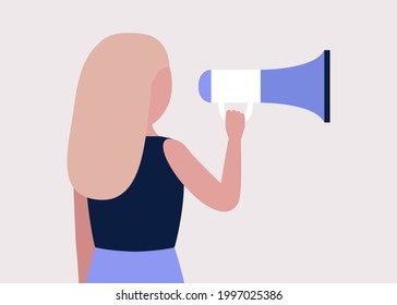 Young woman speaks into a megaphone. Statement, utterance, news concept. Colored vector illustration in flat cartoon style