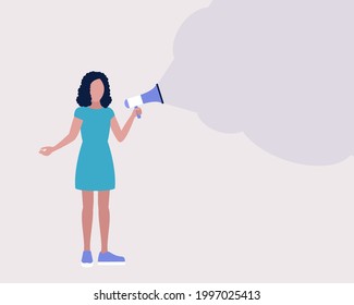 Young woman speaks into a megaphone. Statement, utterance, news concept. Colorful flat vector illustration