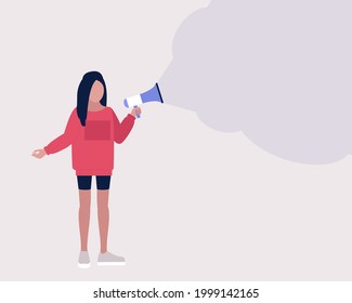 Young woman speaks into a megaphone. Statement, utterance, news concept. Colorful flat vector illustration