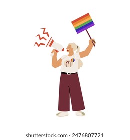 Young woman speaks into a megaphone about the rights of the LGBT community. Sign in rainbow colors. Pride month. Equality. Against discrimination. Vector illustration isolated on white background.