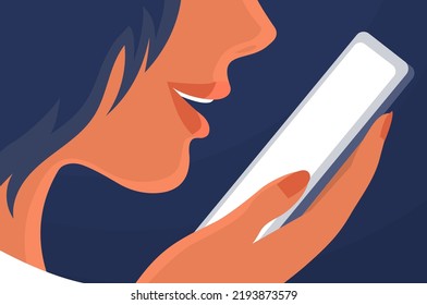 A young woman speaks on the phone. Records a voice message. Communicates in the messenger. Modern technology and lifestyle. Face and lips close up. Cartoon vector illustration