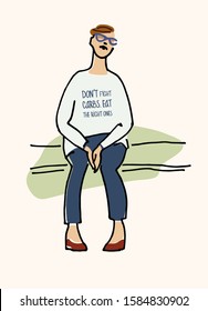 Young woman in spectacles sitting on a bench vector illustration. Lecture listener, audience concept. Waiting concept. On a lesson, conference, training course, in a waiting room