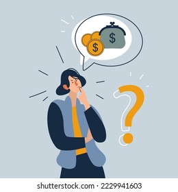 Young woman with speech bubble above think of money struggle with financial problems. Stressed girl consider expenses expenditures. Bankruptcy and debt. Finance. Vector illustration.