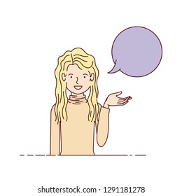 young woman with speech bubble avatar character