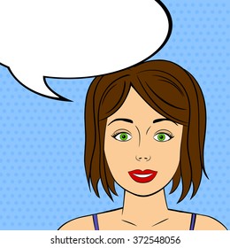 Young woman with speech bubble, comic pop art style.