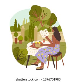 Young woman spending leisure time alone reading book and drinking wine, relaxing and enjoying slow life. Calm lazy people resting outdoor in solitude. Color flat vector illustration isolated on white
