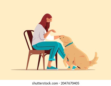 young woman spending time with dog female owner and cute domestic animal friendship with pet concept