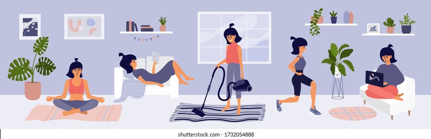 Young woman spending time at home. Cute girl choosing leisure activities. Reading, work on laptop, meditation yoga, sport workout, housework routine, cleaning. Lifestyle quarantine vector illustration