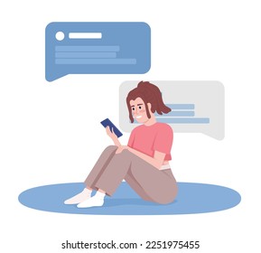 Young woman spending time with mobile messaging app 2D vector isolated illustration. Girl texting flat character on cartoon background. Colorful editable scene for mobile, website, presentation