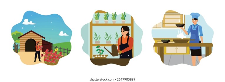 A jovem passa o tempo livre na jardinagem e cuidando das flores. Regando plantas em prateleiras na sacada da casa. Mulher cozinhando comida fresca na cozinha vestindo um avental e um chapéu de chef.