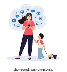 Young woman spends too much time in social networks and doesn't pay attention to her child. Little boy asks for attention, but his mother is too busy. Parent and child. Modern social problem concept.