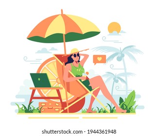 A young woman spent a vacation on the beach, she lay comfortably on a trampoline under a beach umbrella. While sipping on cold orange juice in a glass, she brought a computer to use. flat illustration