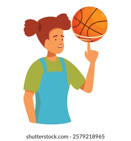 Young woman is spinning a basketball on her fingertip, showing off her impressive dexterity