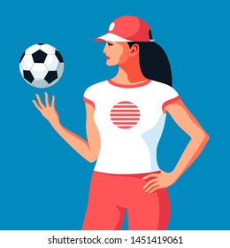 Young woman in sport clothes and baseball cap playing with soccer ball. Fitness coach, fitness instructor, physical education teacher or football fan girl. Vector illustration