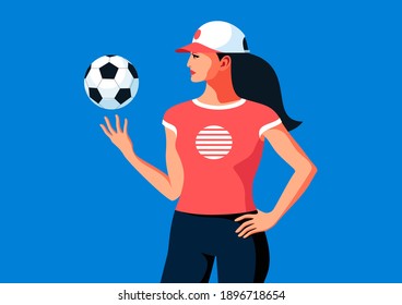 Young Woman In Sport Clothes And Baseball Cap Playing With Soccer Ball. Fitness Coach, Fitness Instructor, Physical Education Teacher Or Football Fan Girl. Vector Illustration