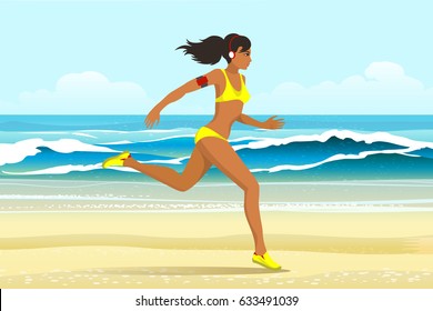 young woman in sporting clothes with headphones running on the beach. Summer activity or Sport concept. Vector illustration