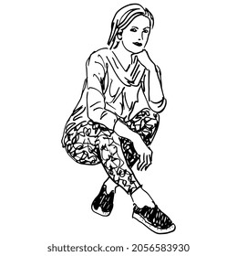 Young woman in sportive clothes sitting with crossed legs. Hand drawn linear doodle rough sketch. Black silhouette on white background.