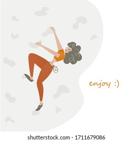 Young woman in a sports clothes on the climbing wall. Rock climbing girl. Bouldering. Flat vector illustration.