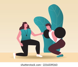 Young Woman Sports Coach and Guiding Player, Flat Vector Stock Illustration with Athletic Woman Training Men