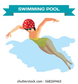 Young woman in sports swimsuit swims in the pool front butterfly style. Flat cartoon isolated vector illustration