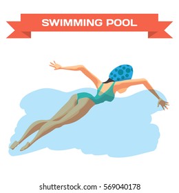 Young woman in sports swimsuit swims in the pool front butterfly style. Back view. Flat cartoon isolated vector illustration