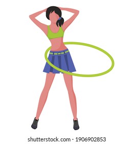 A young woman in a sports uniform does gymnastic exercises. Hula hoop. Healthy lifestyle. Vector illustration in a flat style.