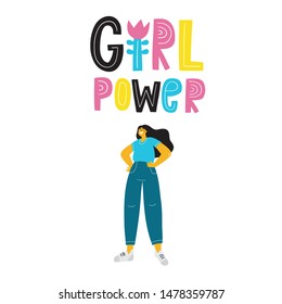 A young woman in a sports uniform is running. A man runs a marathon. Sport vector illustration in modern style. Lettering quote -  Girl power