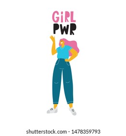 A young woman in a sports uniform is running. A man runs a marathon. Sport vector illustration in modern style. Lettering quote -  Girl power