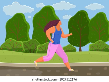 Young woman in sports wear running or jogging in city park summer day. Workout excercise. Runner fat girl doing sprint outdoor on road. Simple flat vector illustration female overweight sprinter