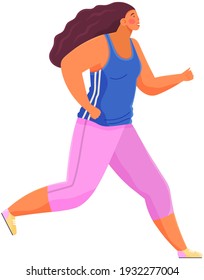 Young woman in sports wear running or jogging. Workout excercise. Runner fat girl doing sprint outdoor. Simple flat vector illustration female overweight sprinter isolated on white background