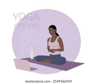 Young woman in sports or yoga clothes watching yoga classes online or recorded on laptop. Live streaming, online training, coaching. Vector illustration of home yoga and healthy lifestyle concept 