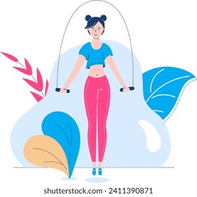 Young woman in sportswear doing jumping jacks. Fitness exercise and workout routine. Active lifestyle and gym training vector illustration.