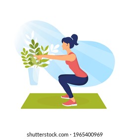 Young Woman in sportswear doing squats on mat. Sport, Fitness, Aerobic, workout and exercise in gym or home. Concept Healthy lifestyle. Trendy flat isolated vector illustration for poster, banner