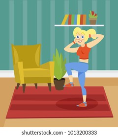 Young woman in sportswear exercising on the background of living room apartment vector illustration, cartoon style