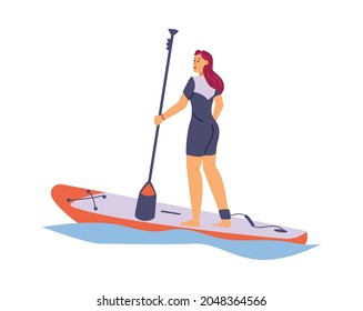 Joven con ropa deportiva flotando a bordo de un palillo en olas de mar, océano o lago. Niña disfrutando del deporte acuático extremo - sup surf. Ilustración vectorial de caricatura plana aislada en blanco.