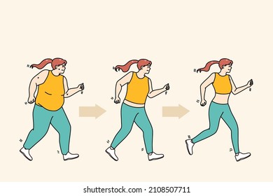 Young woman in sportswear jogging lose weight. Overweight fat female do sports exercise train for good body shape. Diet and wellness concept. Flat vector illustration. 