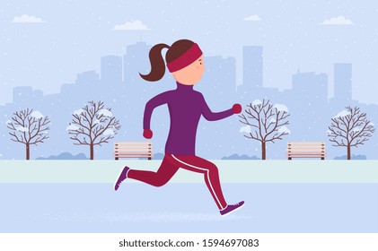 Young woman in sportswear jogging or running in city park in winter. Outdoor workout fresh air, athletics, active healthy lifestyle. Flat cartoon vector illustration runner on background big city.