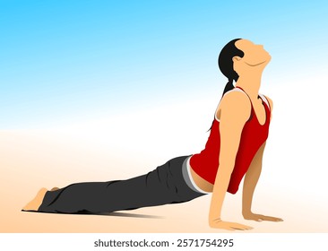 Young woman in sportswear performing the bhujangasana or cobra pose, a back-bending yoga asana, on a sandy beach