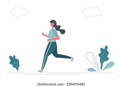 Young woman in sportswear is running along the road in the park. There is also plants and clouds in the picture. Funny flat style. Vector illustration