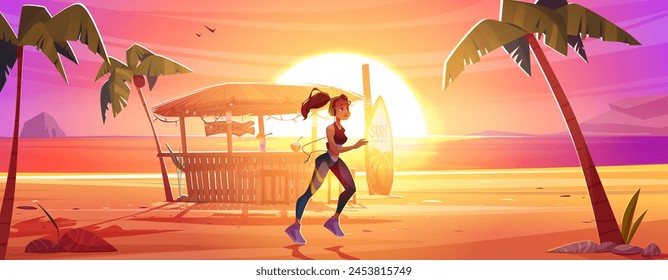 Young woman in sportswear running along sea or ocean beach on sunset or sunrise. Cartoon vector illustration of active female character jogging on seaside promenade for lifestyle lifestyle concept.