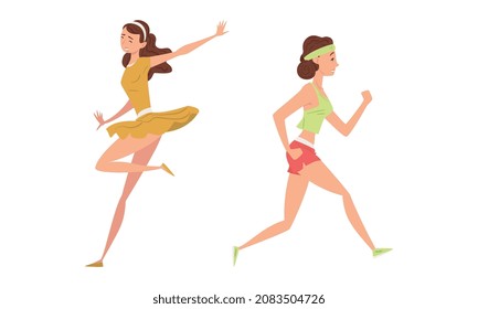 Young Woman in Sportswear Running and Dancing Vector Set