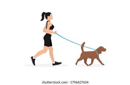 Joven con ropa deportiva corriendo con perro corredizo, aislada de fondo blanco. Ilustración vectorial en diseño plano