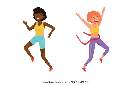 Young Woman in Sportswear Running Marathon Vector Set