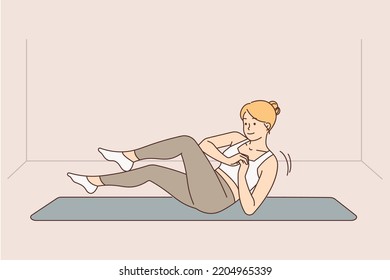 Joven con ropa deportiva sentada en el tatami en casa haciendo ejercicio deportivo. Las niñas de tono deportivo entrenan para una buena figura. Concepto de entrenamiento. Ilustración vectorial. 